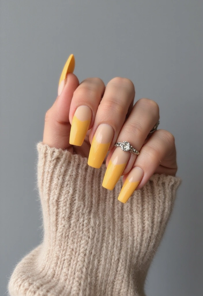 A hand showing long coffin-shaped nails painted in glossy mustard yellow, contrasting against a cozy beige sweater.