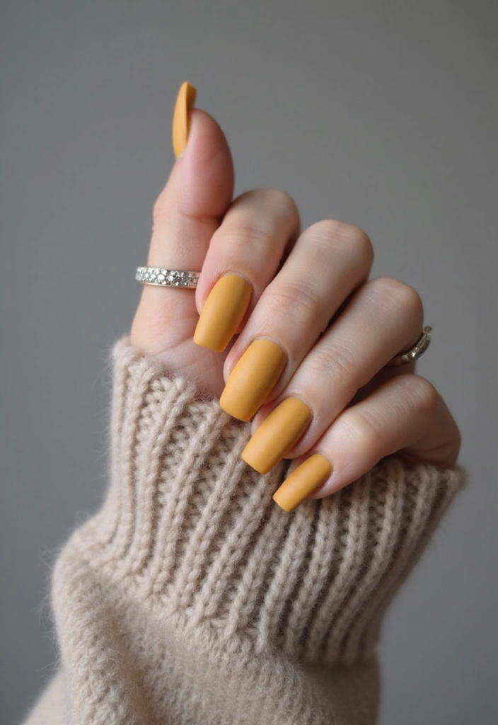 A close-up of a hand showcasing matte mustard yellow nails, wearing a sparkling ring, with fingers resting on a soft beige sweater.