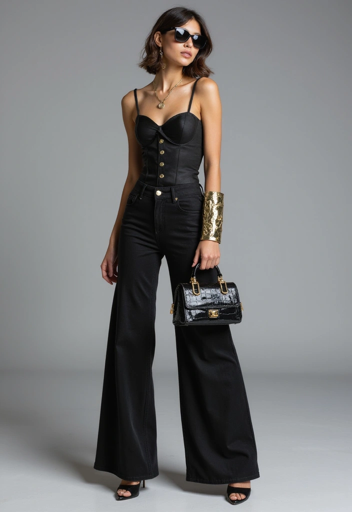 A woman modeling a stylish black strapless corset top paired with high-waisted black wide-leg jeans. She accessorizes with sunglasses, gold jewelry, and holds a small black handbag.