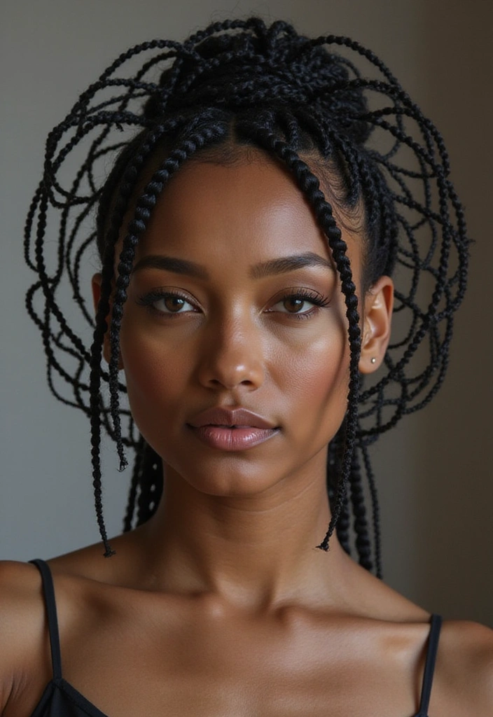 Close-up of a woman with intricate cornrow braids styled in a high bun, framed by loose braids cascading around her face. She has a natural makeup look, emphasizing her features.