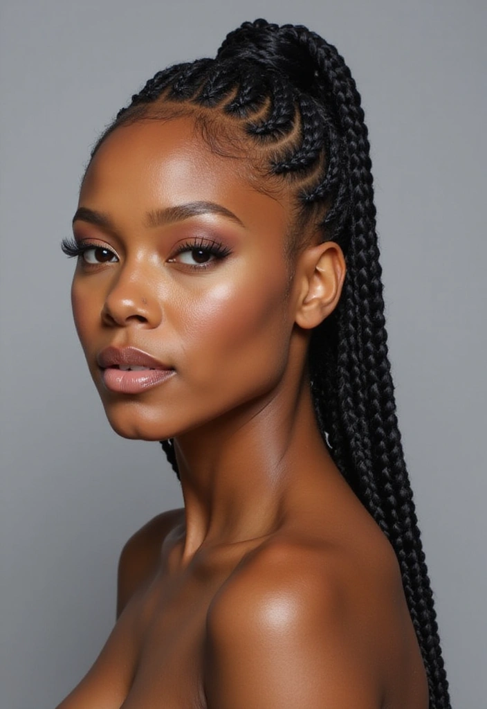 A woman with long, sleek cornrow braids styled in a high ponytail, showcasing her radiant skin and elegant features against a neutral background.