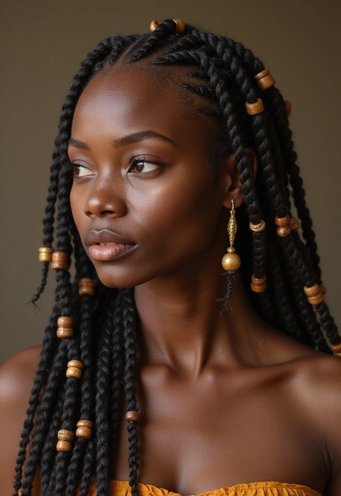 A close-up of a model showcasing long cornrow braids adorned with wooden beads, emphasizing cultural heritage and elegance.