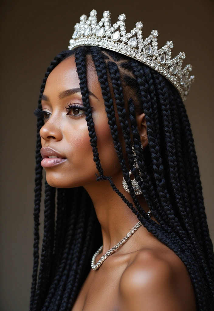 A profile of a woman with long, black cornrow braids wearing a jeweled tiara and necklace, exuding elegance and grace.