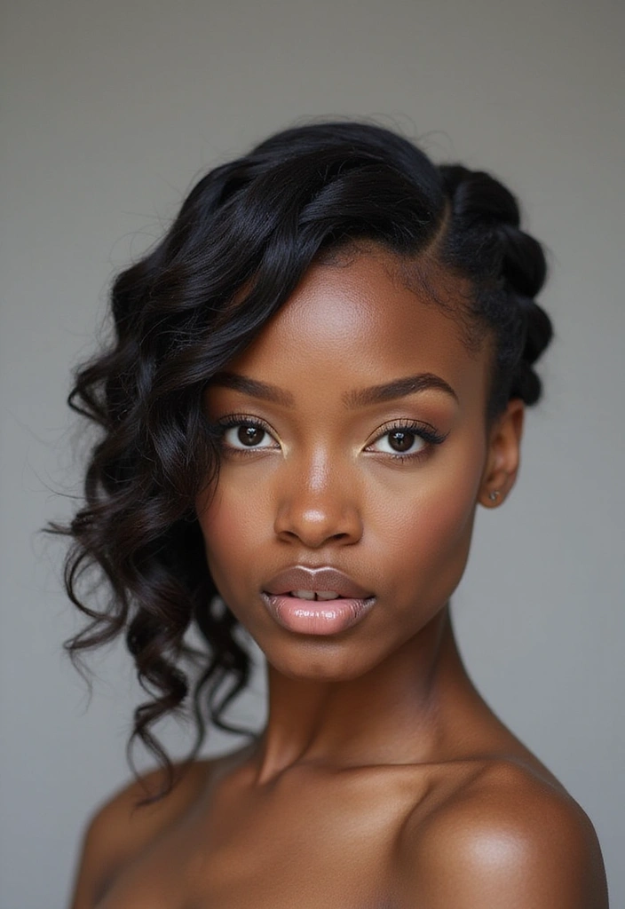 A close-up portrait of a woman with a graceful hairstyle featuring curls and intricate braids, highlighting her facial features softly against a neutral background.