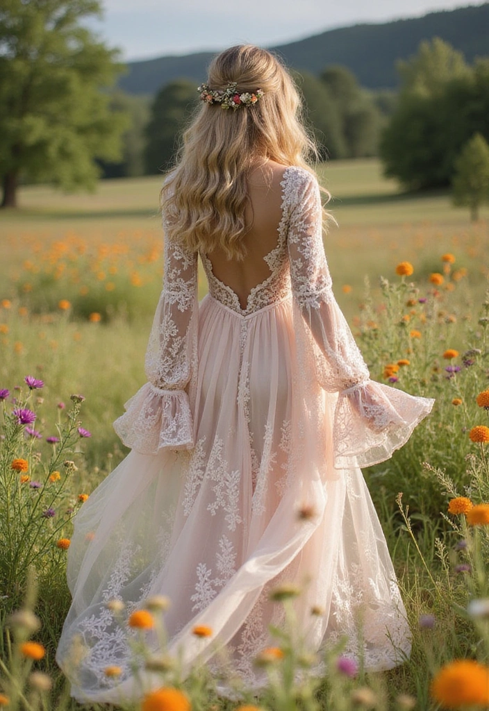 A bride in a backless vintage-inspired lace gown with long bell sleeves, standing in a flower-filled meadow, adorned with a floral crown.