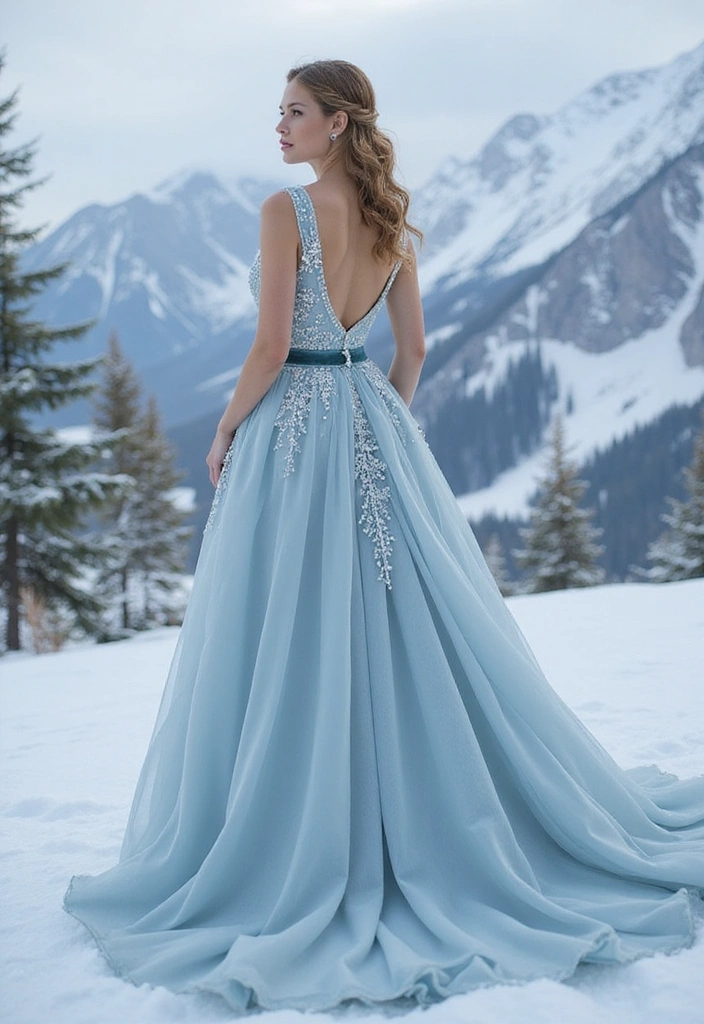 A bride wearing an elegant ice blue gown with a flowing skirt and intricate detailing, standing in a snowy landscape with mountains in the background.