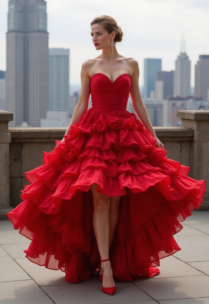 A bride in a bold red ruffled wedding dress stands confidently on an urban rooftop, with a city skyline in the background.