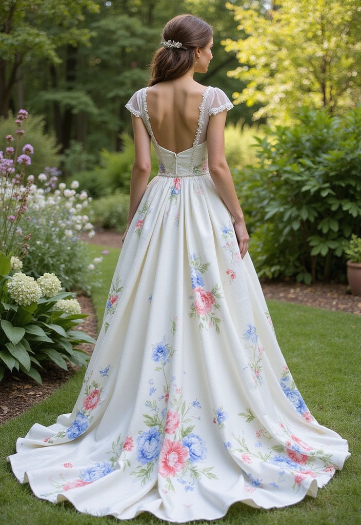 A bride wearing a floral wedding gown with a fitted bodice and flowing skirt, set in a lush garden backdrop.