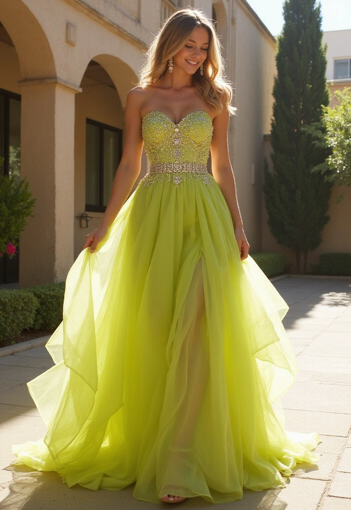 A smiling bride wearing a strapless chartreuse gown with intricate beading and a flowing skirt, standing in a sunlit outdoor setting.