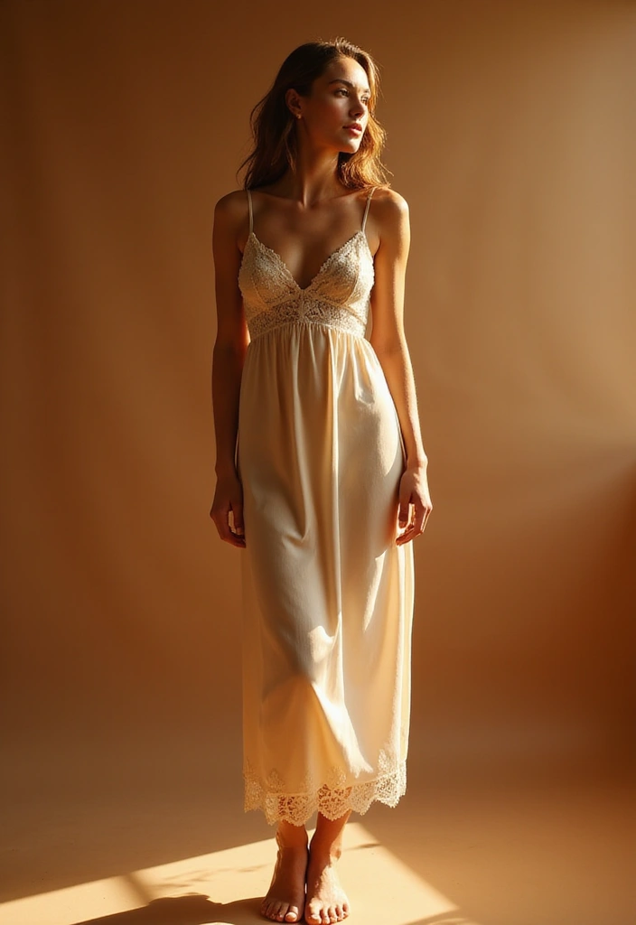 A model wearing a delicate cream-colored lingerie piece with lace detailing, standing against a warm brown background.