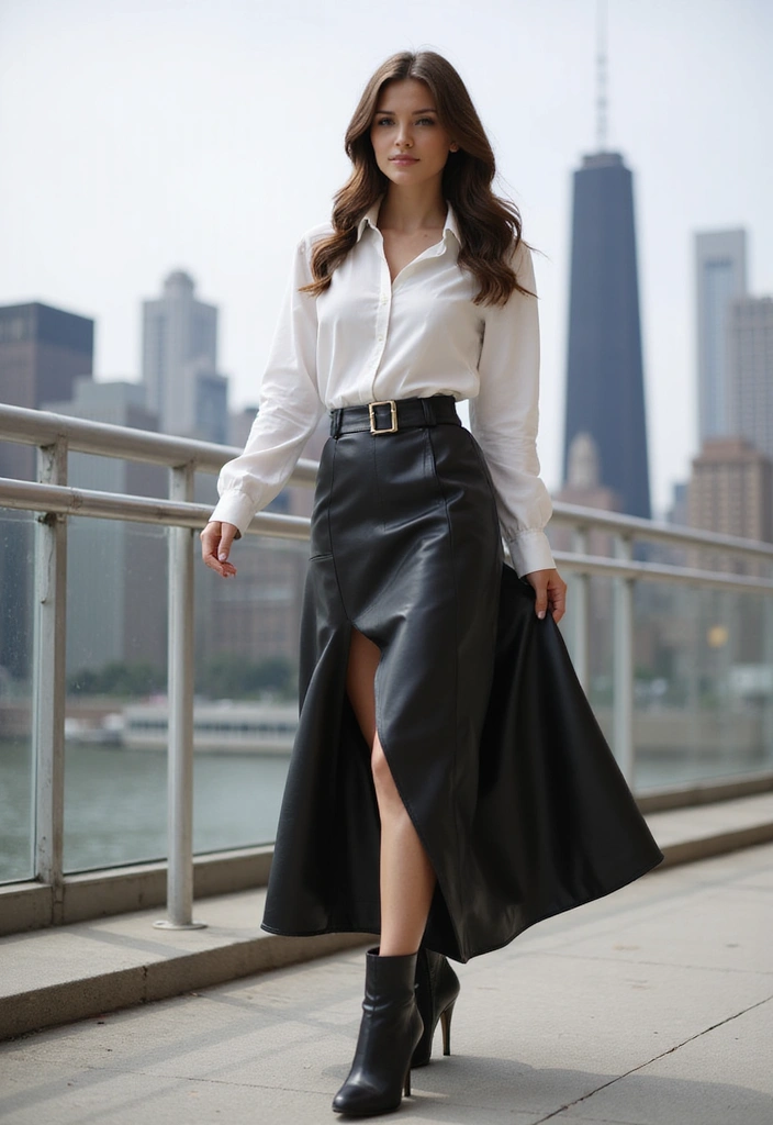 A woman wearing a white blouse and a black leather maxi skirt stands confidently in an urban setting with skyscrapers in the background.