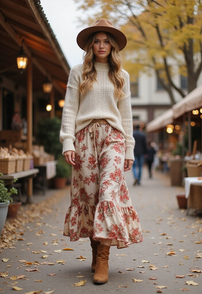 A woman walking confidently in a floral maxi skirt with a ruffled hem, paired with a chunky knit sweater and a wide-brimmed hat, surrounded by autumn trees and market stalls.o Chic