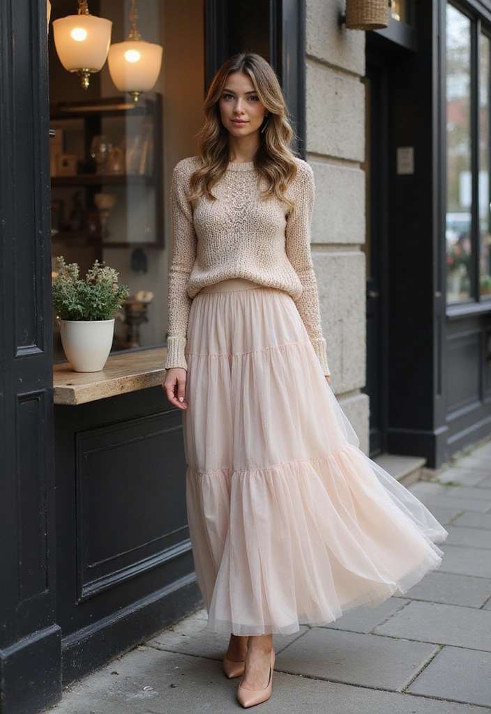 A woman stands outside a café, wearing a cozy knit sweater and a long, flowing pale pink tiered maxi skirt. She pairs the skirt with nude heels, exuding elegance and a casual vibe.