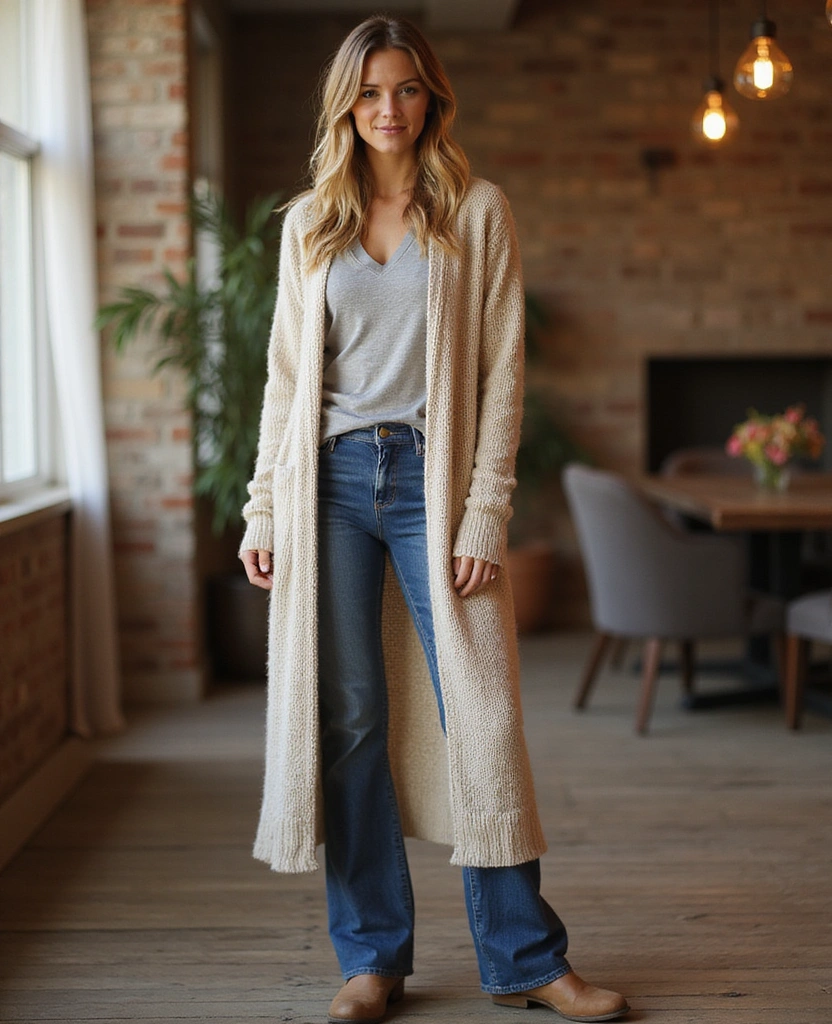 21+ Stunning Boot Cut Denim Looks That Blend Vintage and Modern Styles (Prepare to Be Inspired by #16!) - 10. Effortless with a Cardigan