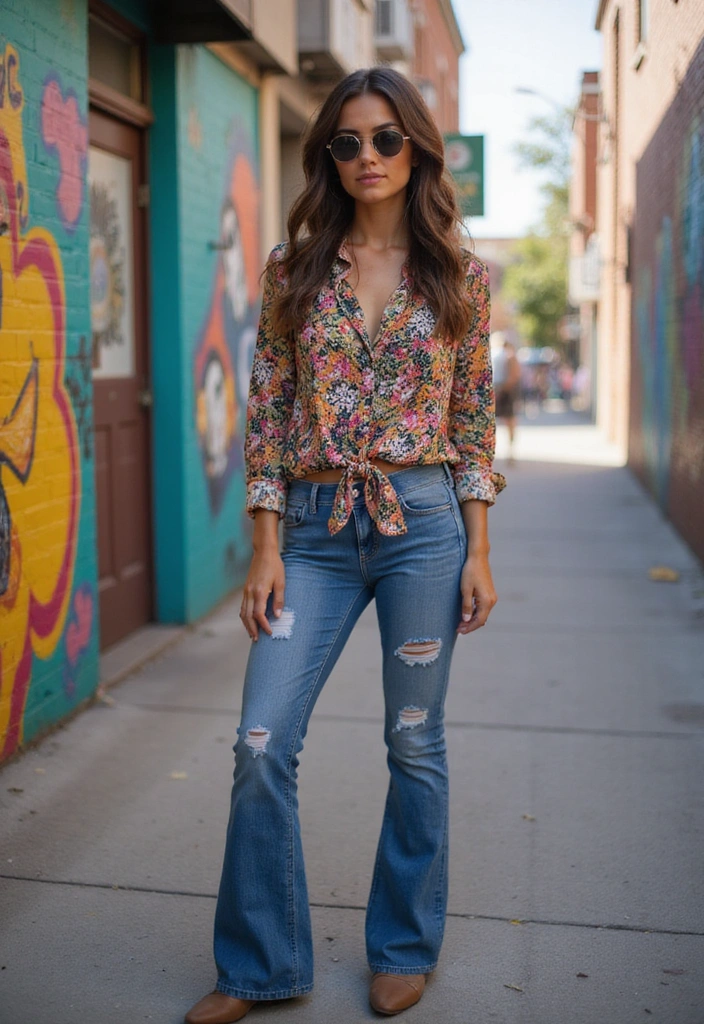21+ Stunning Boot Cut Denim Looks That Blend Vintage and Modern Styles (Prepare to Be Inspired by #16!) - 15. Bold Prints and Patterns