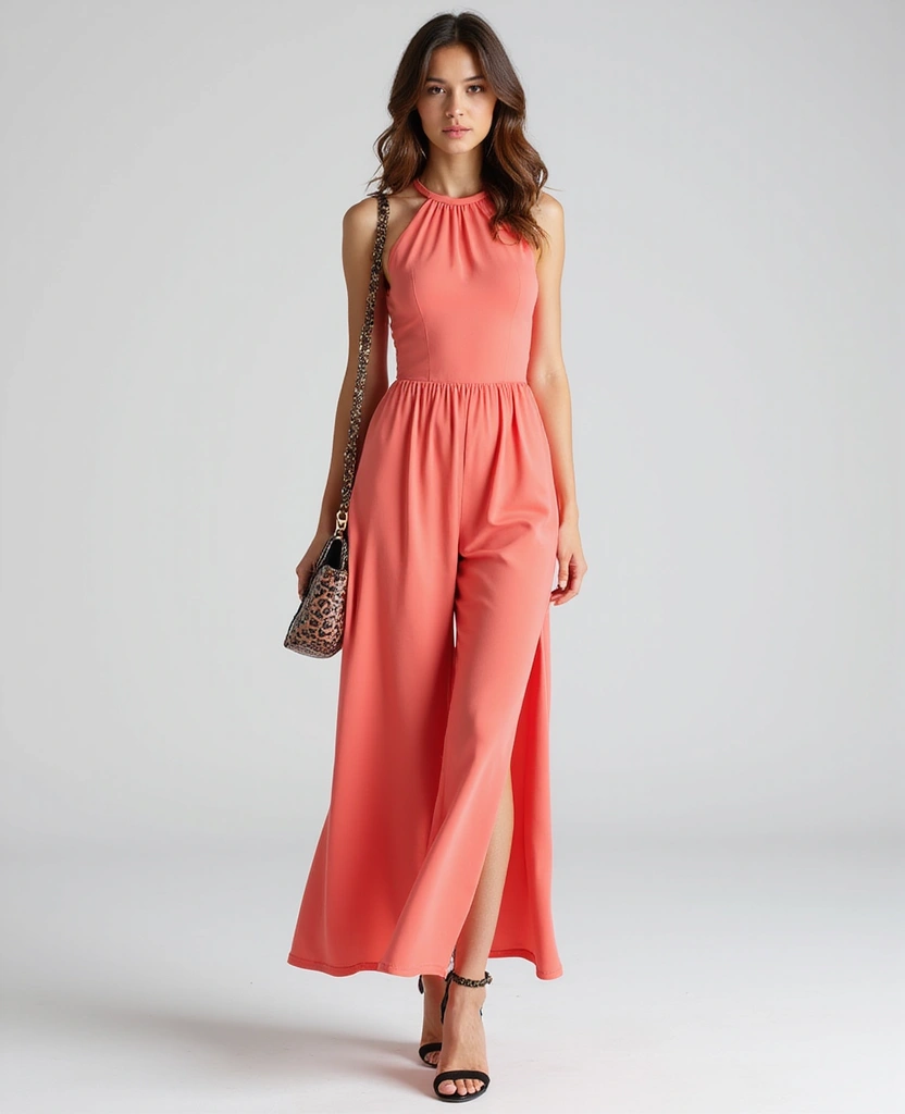 34 Sexy Street Solid Color Halter Neck Sleeveless Two Piece Outfits That'll Turn Heads! - 11. Coral Pink Halter Neck Set