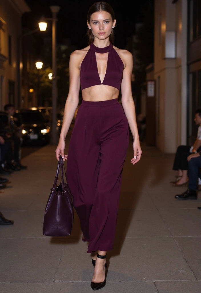 34 Sexy Street Solid Color Halter Neck Sleeveless Two Piece Outfits That'll Turn Heads! - 12. Deep Plum Halter Neck Ensemble