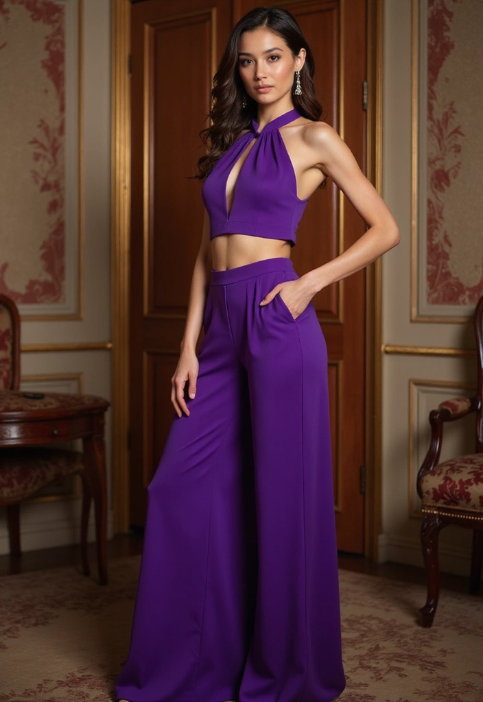 34 Sexy Street Solid Color Halter Neck Sleeveless Two Piece Outfits That'll Turn Heads! - 19. Royal Purple Halter Neck Set