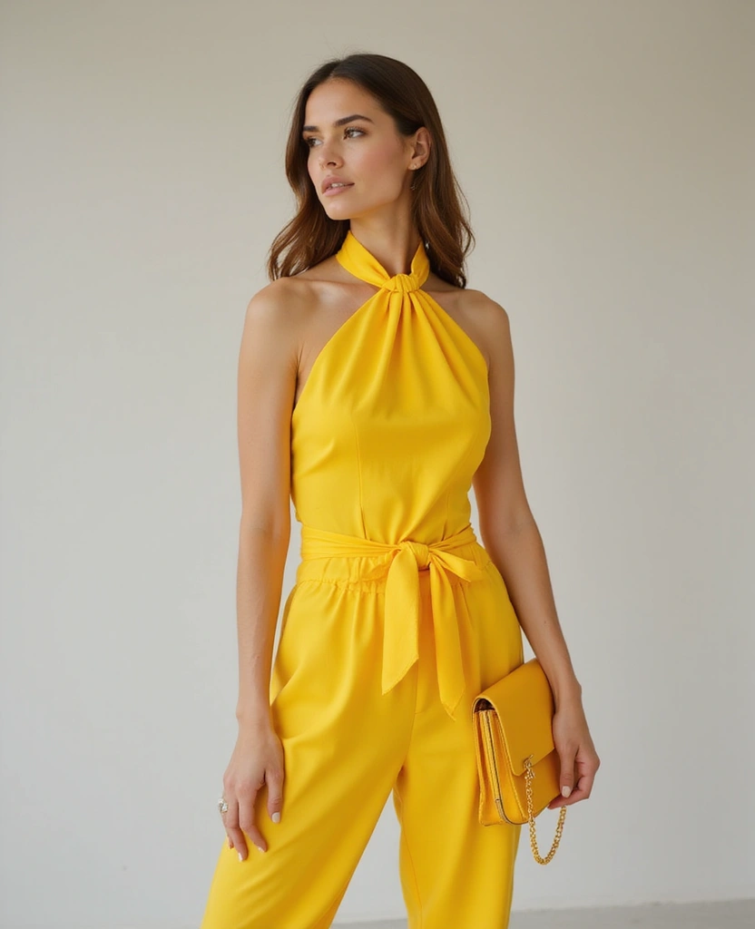 34 Sexy Street Solid Color Halter Neck Sleeveless Two Piece Outfits That'll Turn Heads! - 3. Sunshine Yellow Halter Set