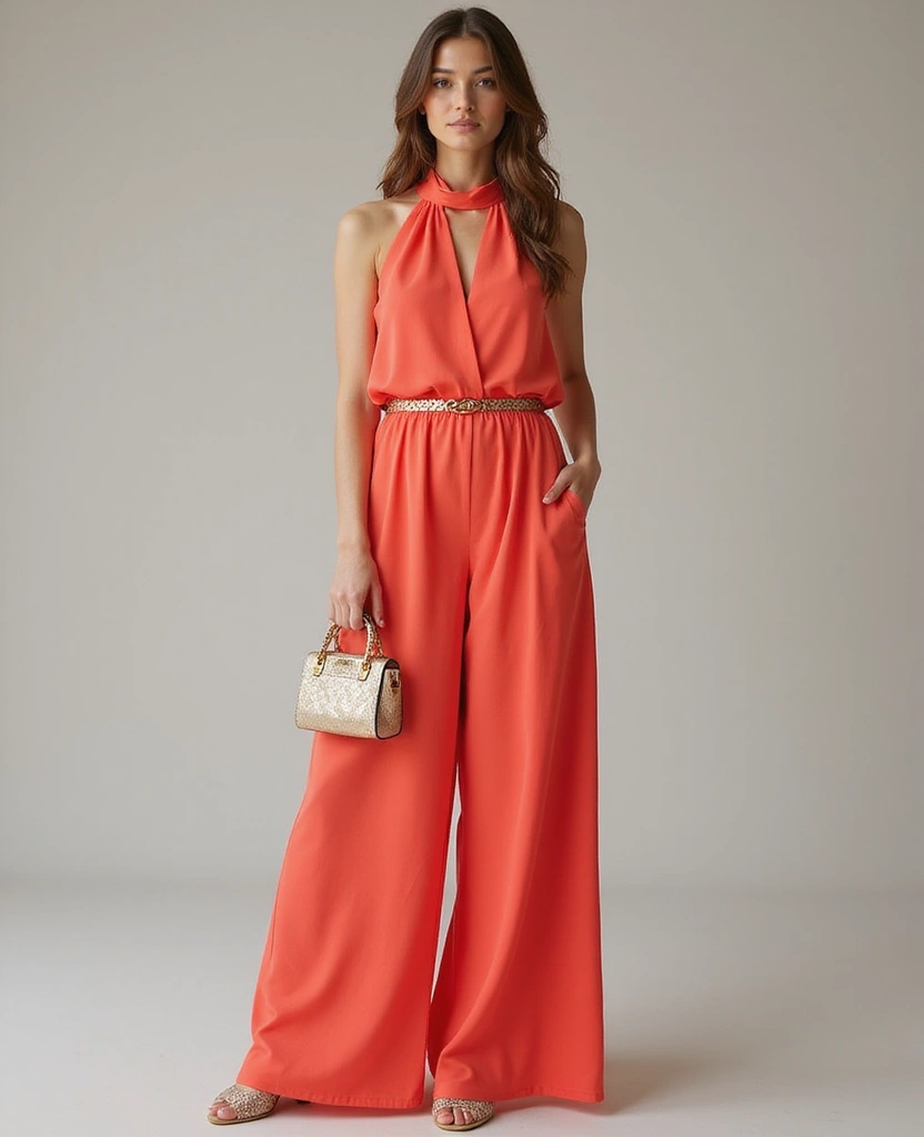 34 Sexy Street Solid Color Halter Neck Sleeveless Two Piece Outfits That'll Turn Heads! - 30. Bright Coral Halter Neck Set