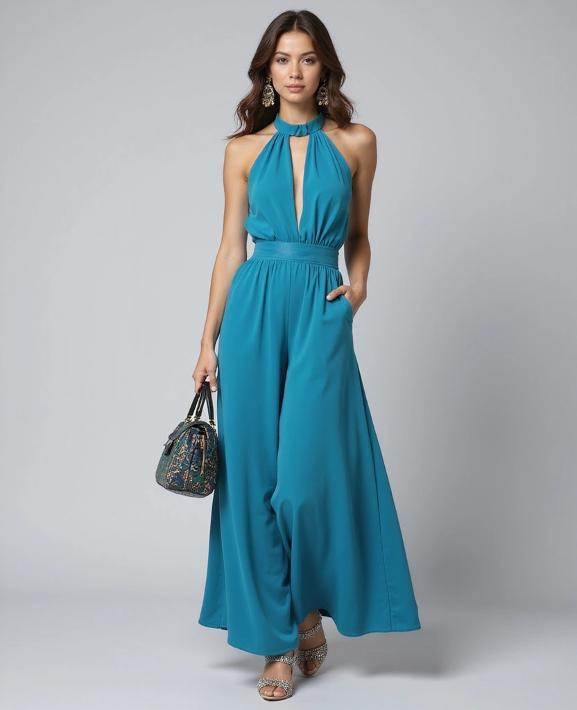 34 Sexy Street Solid Color Halter Neck Sleeveless Two Piece Outfits That'll Turn Heads! - 4. Ocean Blue Halter Neck Set