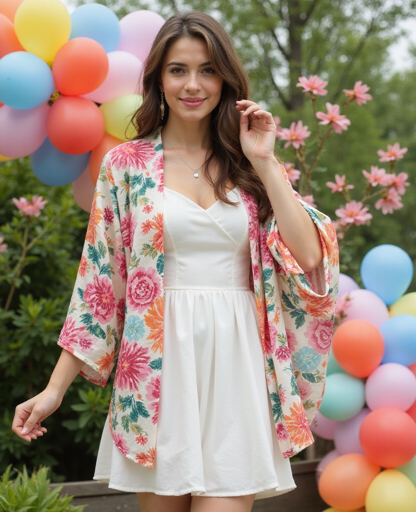 35 Stunning Bridal Shower Guest Outfits That’ll Make Heads Turn (You Won't Believe #7!) - 18. Brightly Printed Kimono: A Vibrant Layering Piece