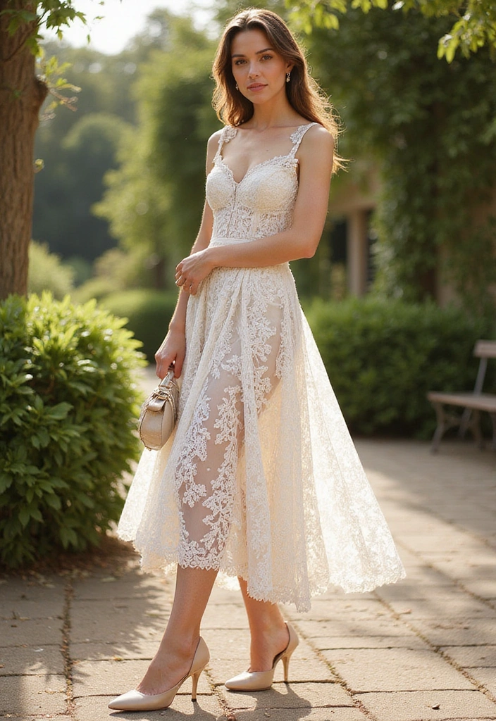 35 Stunning Bridal Shower Guest Outfits That’ll Make Heads Turn (You Won't Believe #7!) - 3. Lace Midi Dress: Timeless Charm
