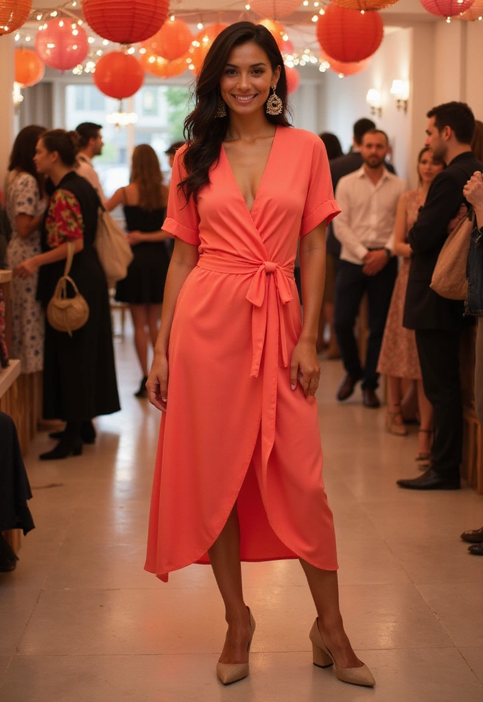35 Stunning Bridal Shower Guest Outfits That’ll Make Heads Turn (You Won't Believe #7!) - 4. Brightly Colored Wrap Dress: Stand Out in Style