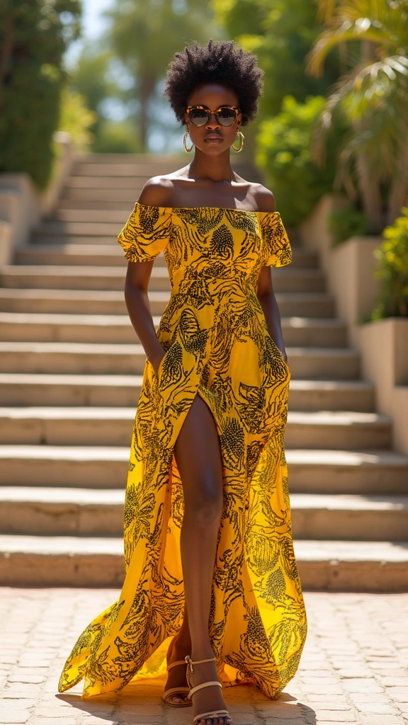 Embrace Elegance: Top African Print Gowns to Elevate Your Wardrobe - 13. The Sunshine Yellow Off-Shoulder Gown