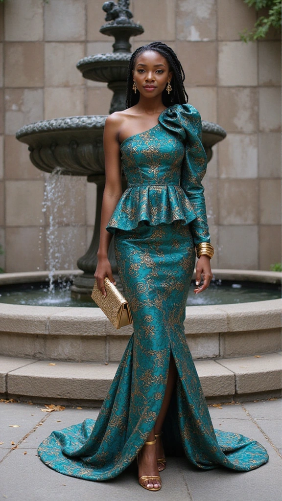 Embrace Elegance: Top African Print Gowns to Elevate Your Wardrobe - 17. The Teal & Copper Asymmetrical Majesty Gown