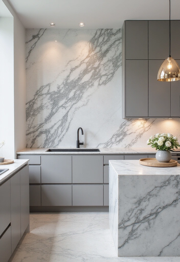 Unlock Contemporary Kitchen Looks with These 28 Backsplash Styles! - 1. Mirrored Marble Glamour