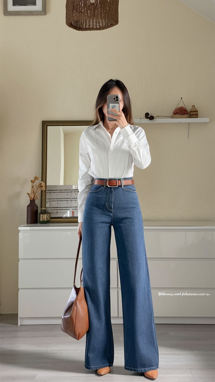 20 Classy Outfit Ideas That’ll Make You Look Effortlessly Expensive (Heads Will Turn!) - Casual Chic in Denim & White Shirt