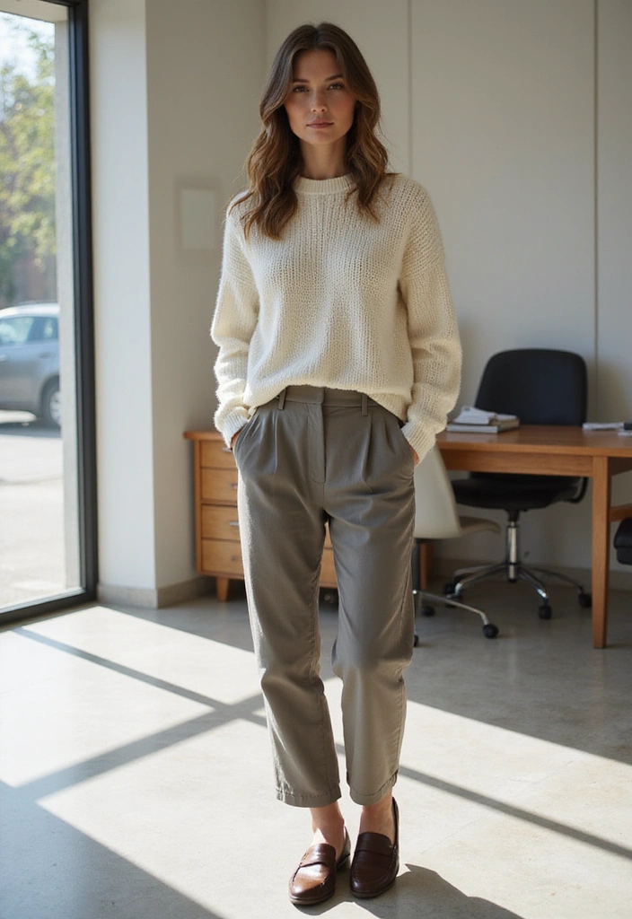 28 Office Event Outfits That Will Light Up Your Work Life (You Can't Miss #3!) - 13. The Comfy Knit Sweater and Trousers