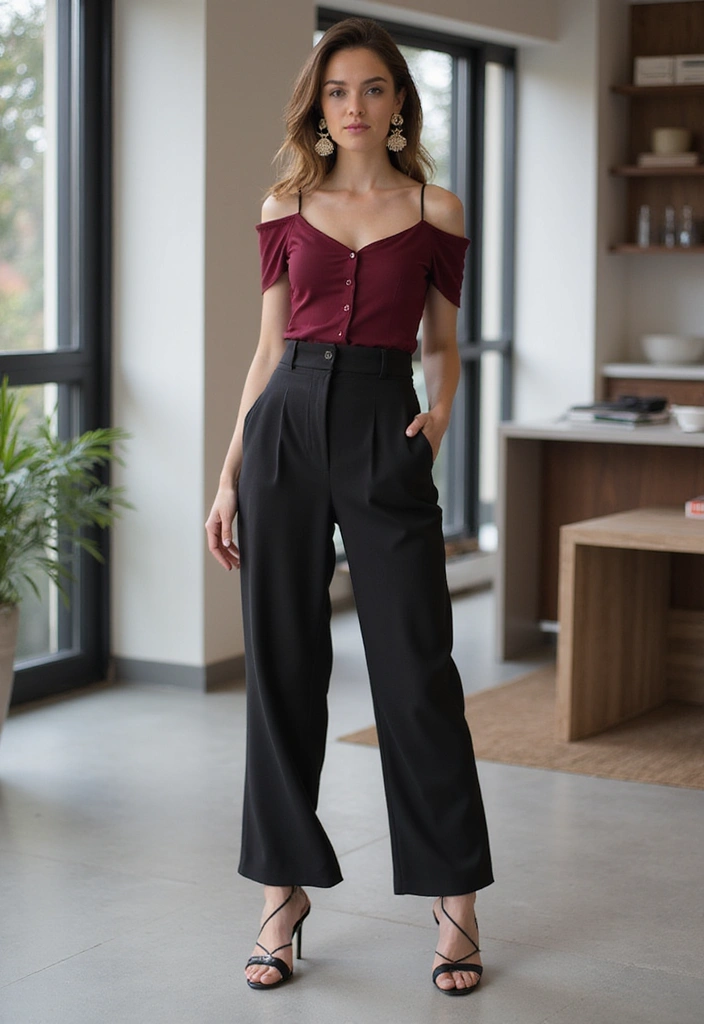 28 Office Event Outfits That Will Light Up Your Work Life (You Can't Miss #3!) - 18. The Striking Off-the-Shoulder Top and Trousers