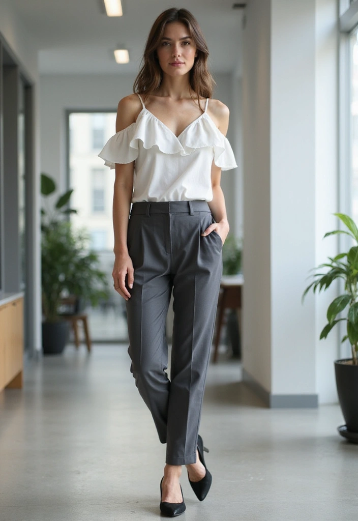 28 Office Event Outfits That Will Light Up Your Work Life (You Can't Miss #3!) - 23. The Playful Ruffled Blouse and Trousers