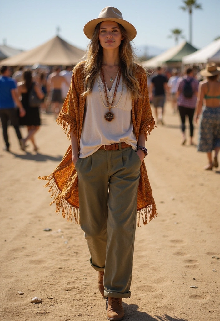 A woman walking in a sandy area wearing a wide-brimmed hat, a flowing orange kimono with fringes, a white top, and olive-green trousers, accessorized with layered necklaces.