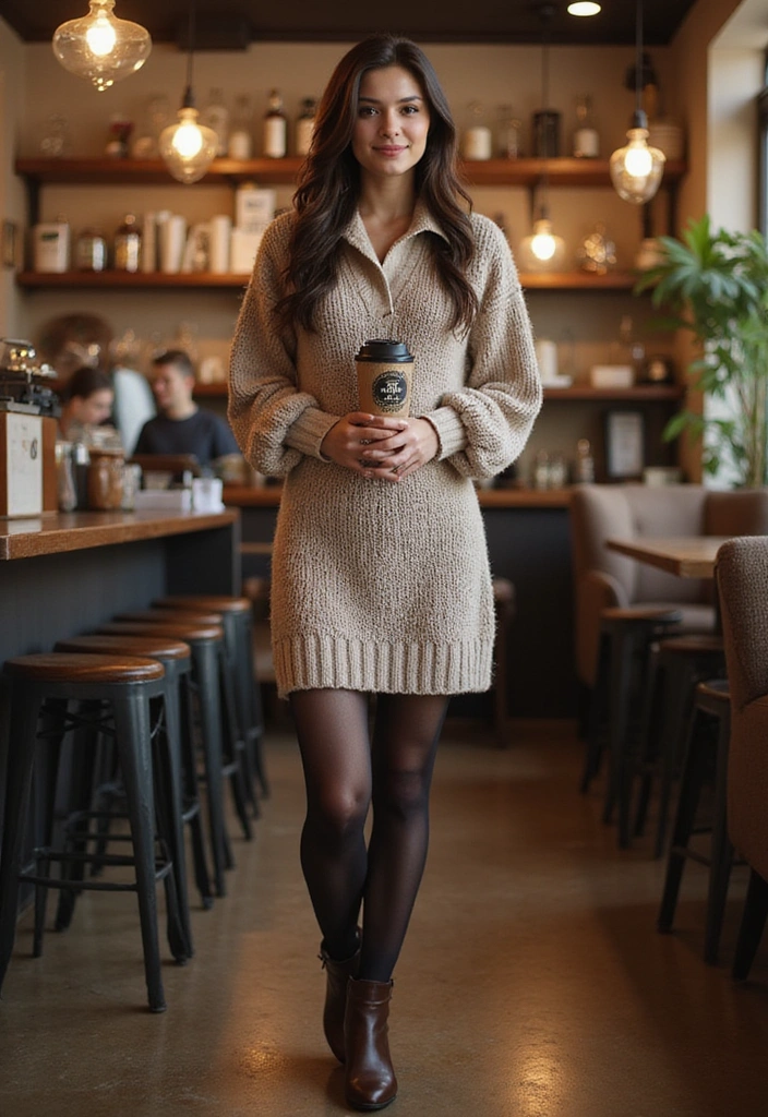 A woman standing in a cozy cafe, wearing a beige knitted dress and black tights, holding a coffee cup. The background features shelves with coffee items and a warm ambiance.