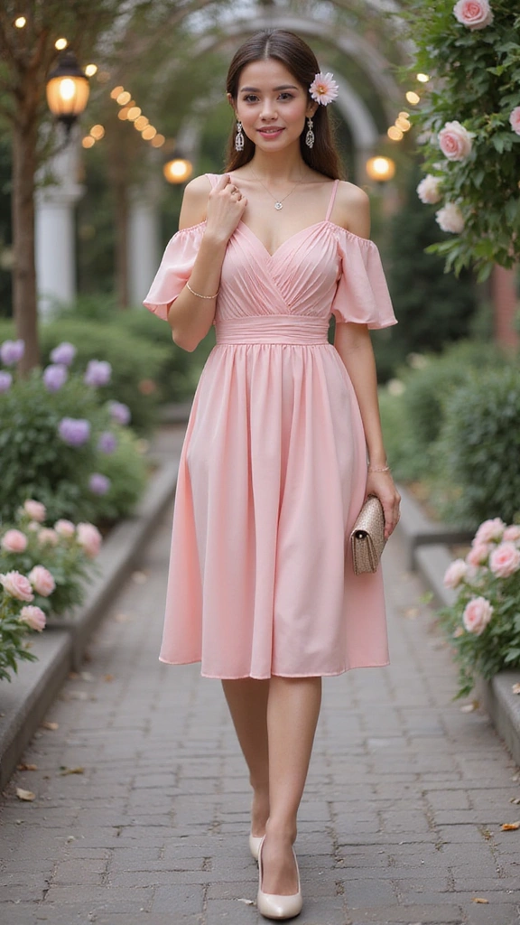 A young woman wearing a pink off-the-shoulder dress with a fitted bodice and flowing skirt, standing in a garden pathway surrounded by flowers.