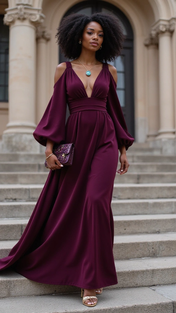 A woman confidently walks down stone steps wearing an elegant burgundy gown with off-the-shoulder sleeves, accessorized with a small clutch and a statement necklace.