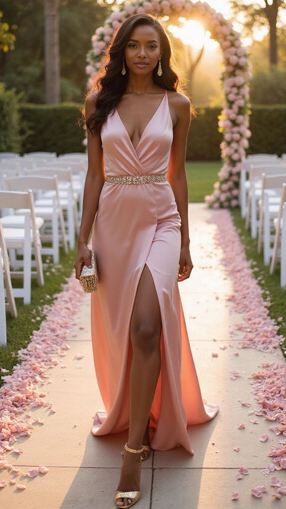 A woman in a pink evening dress with a thigh-high slit walks down an aisle decorated with rose petals, framed by greenery and floral arrangements.