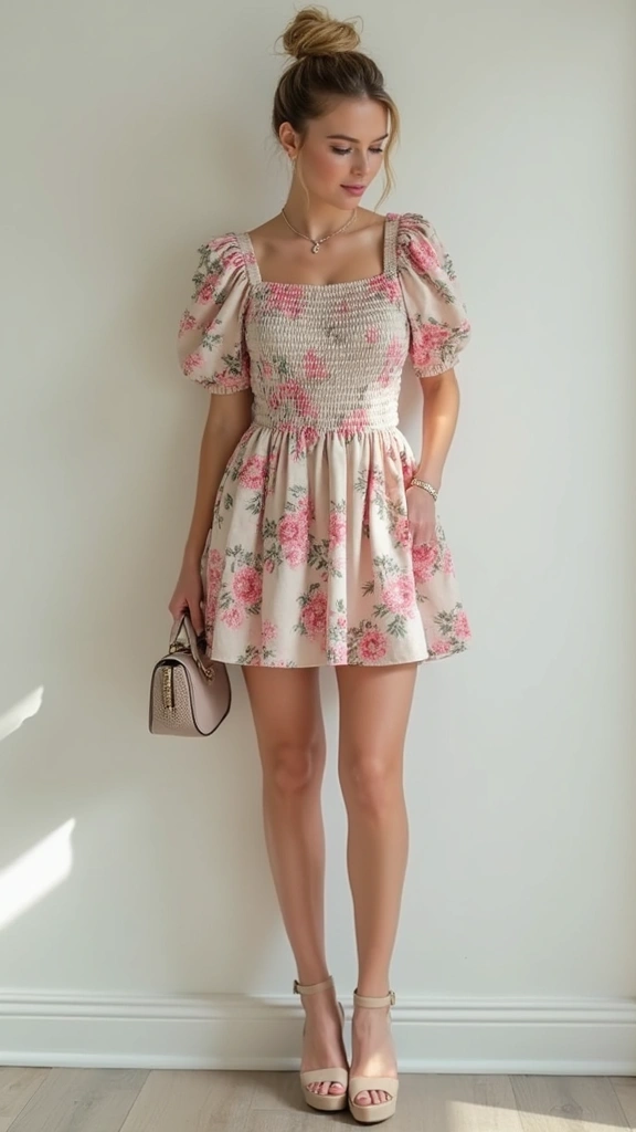 A woman standing against a plain wall, wearing a floral off-the-shoulder dress with puff sleeves, holding a small handbag, and sporting high-heeled sandals.