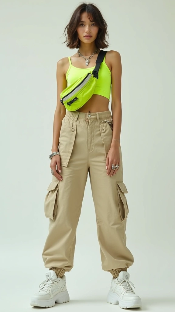 A model wearing a vibrant neon crop top paired with beige cargo pants and chunky white sneakers, showcasing a casual summer outfit.