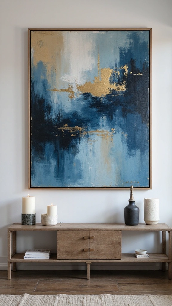 A large abstract painting in shades of blue, gold, and white, framed and hung on a wall above a wooden console table with decorative candles and vases.