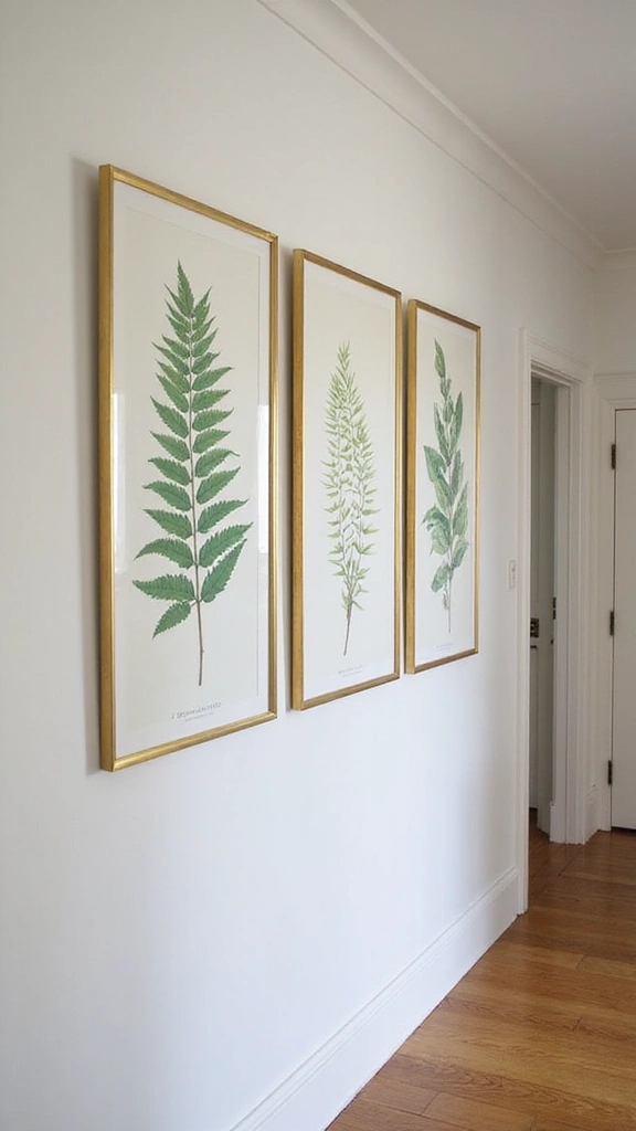 Three framed botanical prints featuring various green ferns displayed on a white wall.