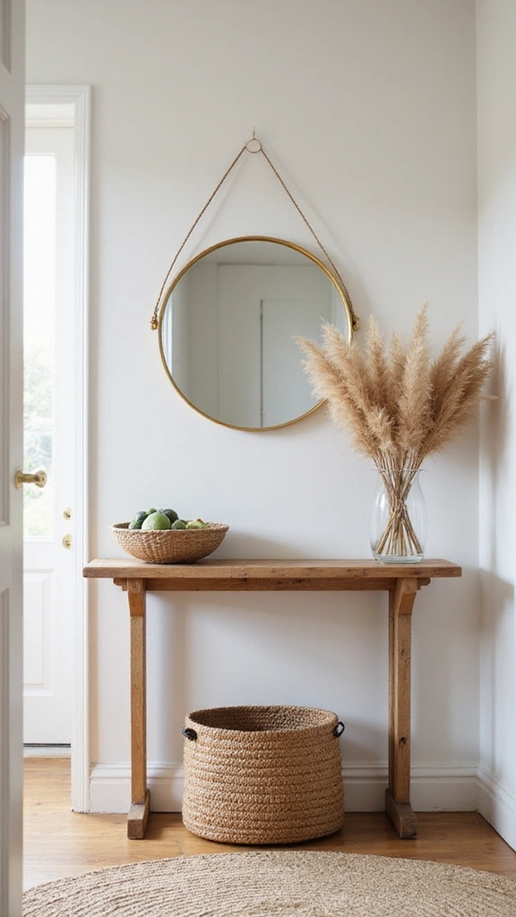 A cozy entrance featuring a wooden console table with a woven basket underneath, a bowl of fruits on top, and a stylish mirror hanging above. Pampas grass in a vase adds a touch of natural elegance.