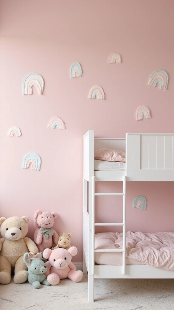 A cozy children's room featuring a pink wall adorned with soft, textured rainbow wall hangings. A white bunk bed is positioned to the right, with plush teddy bears in various pastel colors sitting on the floor.