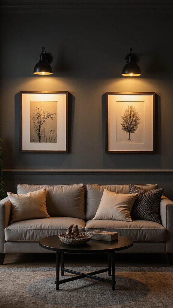 A cozy living room featuring a light-colored sofa with multiple pillows, accompanied by a round coffee table. The walls are adorned with framed black-and-white botanical art, highlighted by stylish wall sconces.