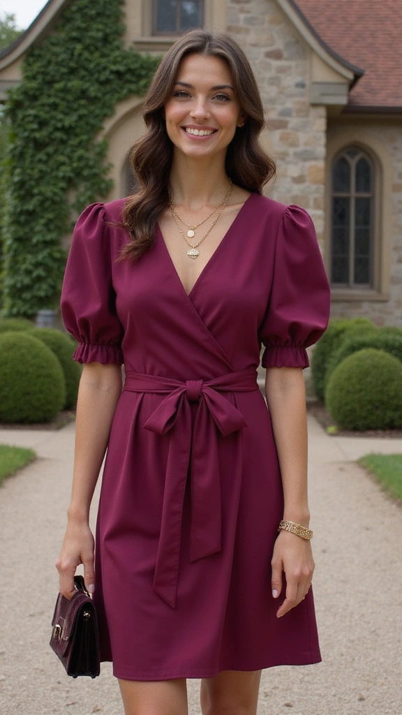 A smiling woman in a burgundy wrap dress with puff sleeves and a tied waist stands in front of a picturesque stone building with lush greenery.