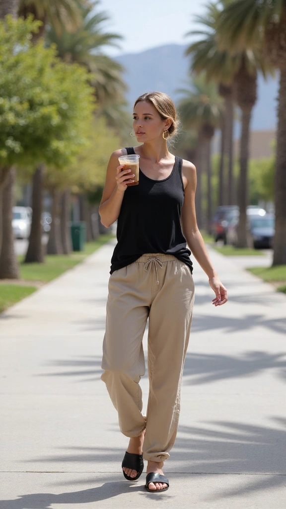 A woman walks down a sunny sidewalk between palm trees, wearing a black tank top and beige jogger pants while holding an iced drink.