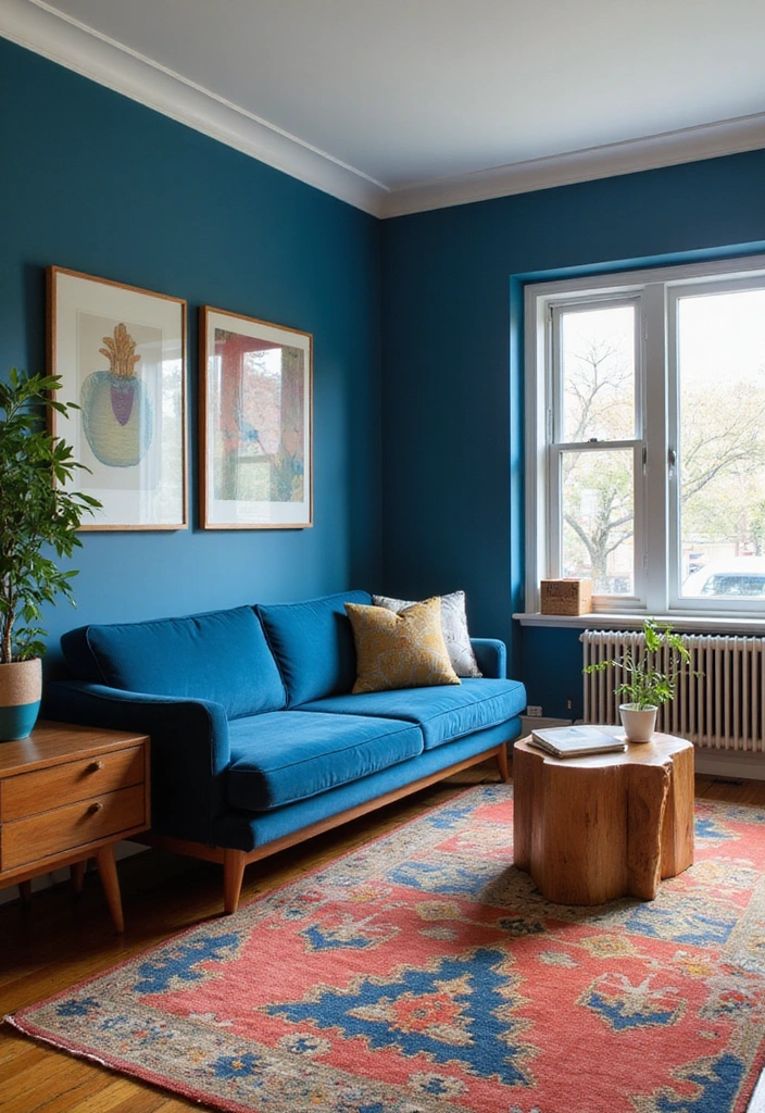 18 Stunning Colorful Mid Century Modern Living Room Designs That Will WOW Your Guests! - 1. Bold Blue and Warm Wood